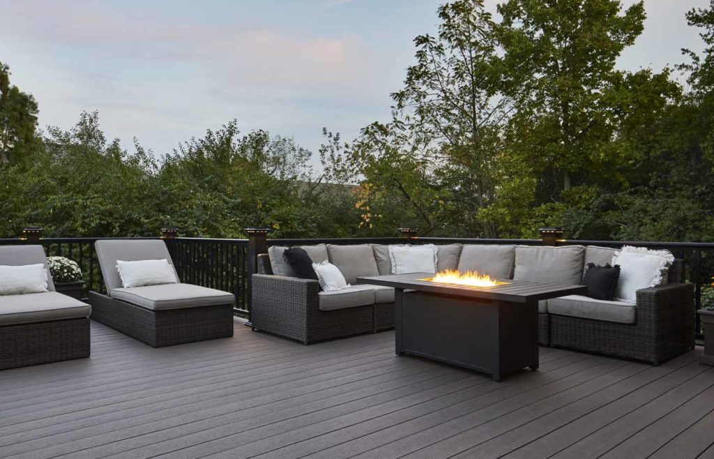 Second-story composite deck with seating & firepit