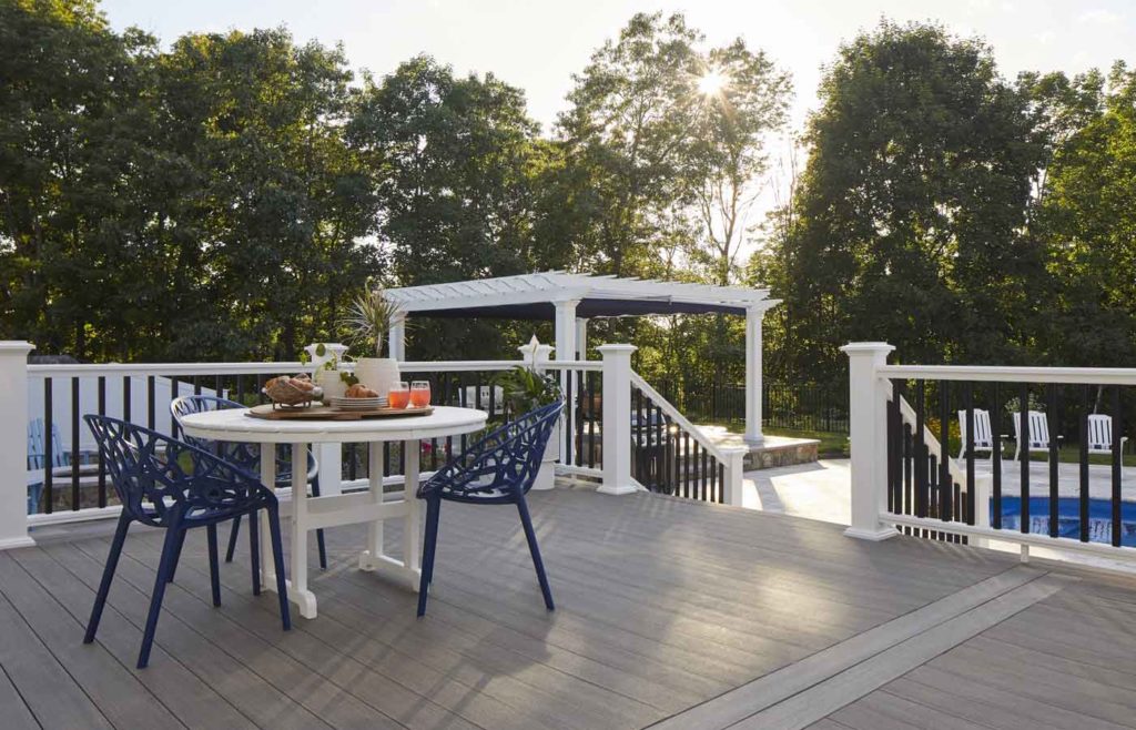 Blue seating on poolside deck