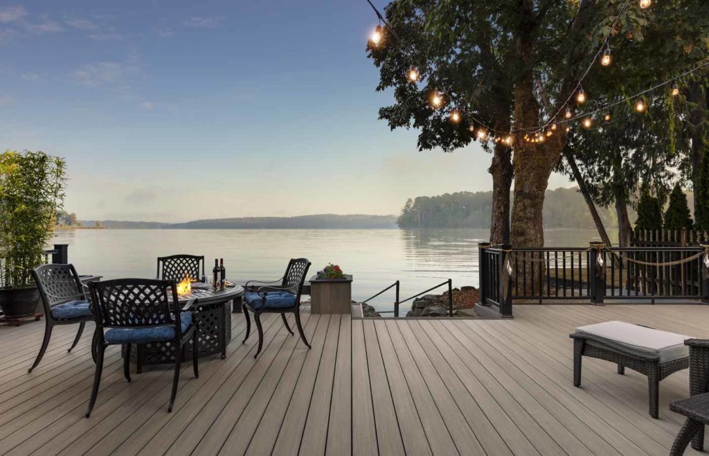 Lakeside composite deck with bistro lights