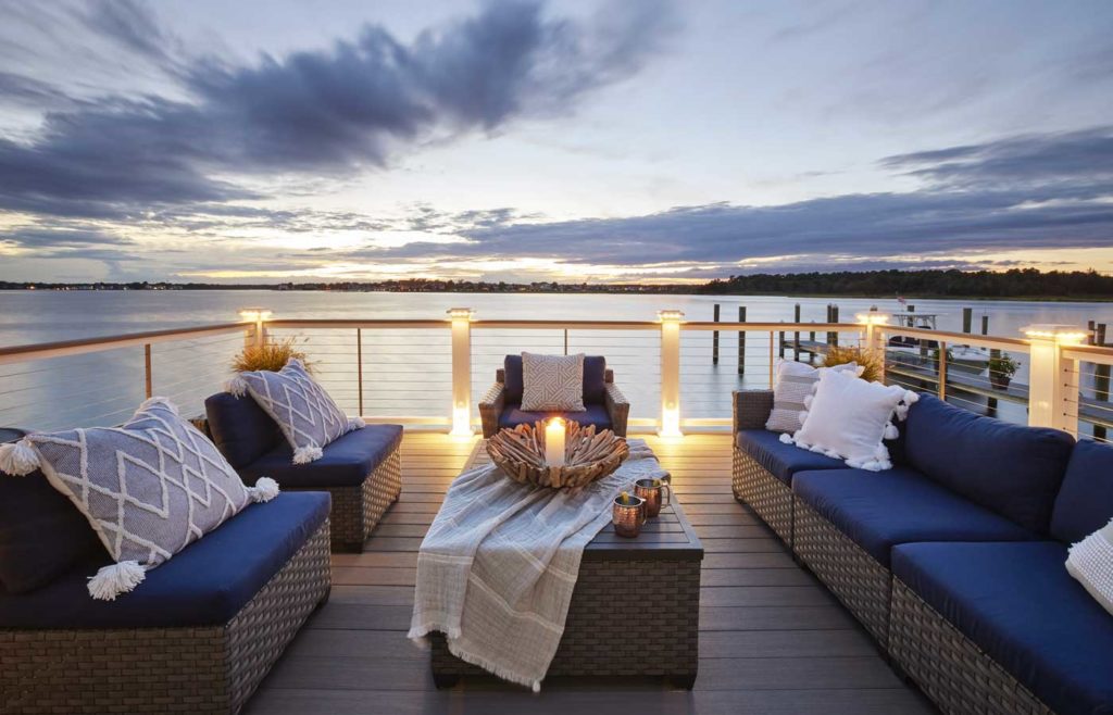 Nighttime deck with outdoor lighting