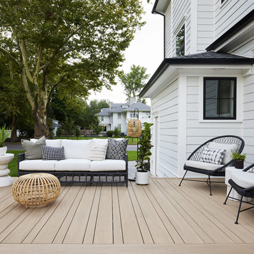 Scandinavian inspired composite deck design with Weathered Teak decking