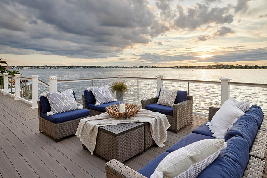 Deck decorating ideas for a living room with a cool coastal color scheme