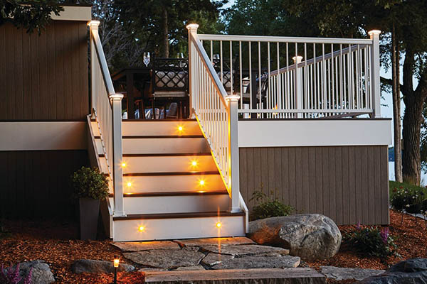 Lights for deck railing and stairs create a lighted pathway