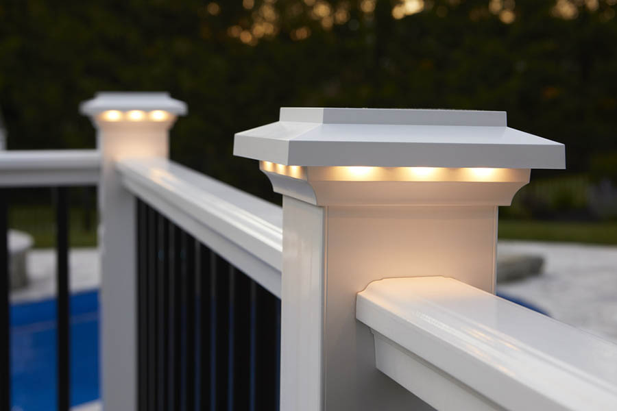 Deck lights include lighted island caps in a white composite Premier Rail