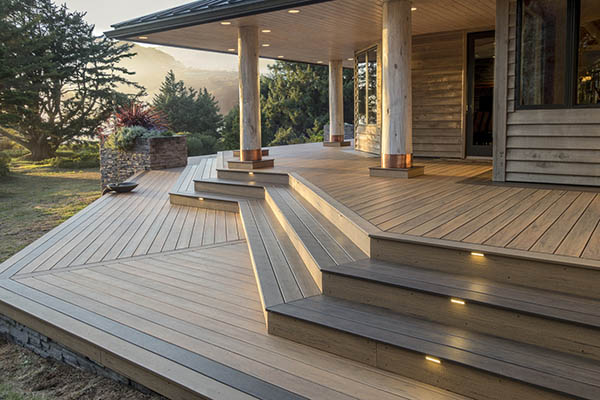 Lights for deck stairs lend safety and ambience to a geometric design