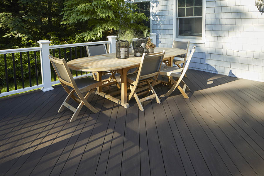 A composite deck deck made with Multi-Width decking in a diagonal pattern