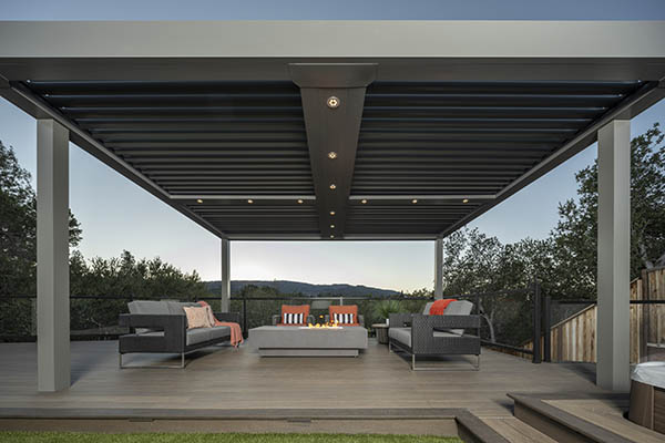 Backyard deck design ideas include a modern pergola over a section of the deck