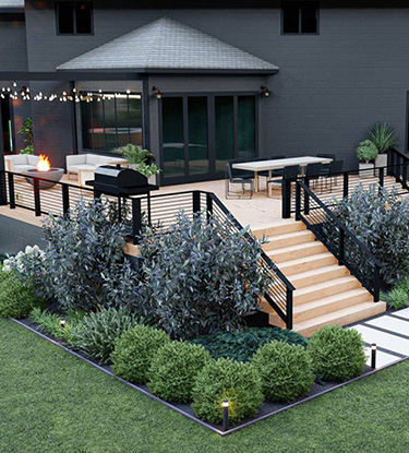 A graphic rendition of a large black home and tan deck with landscaping around it