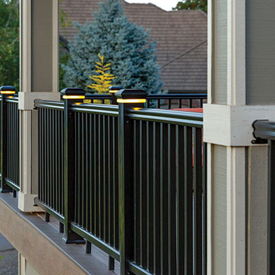 Railing with post cap lights from TimberTech's Radiance Rail Express product line