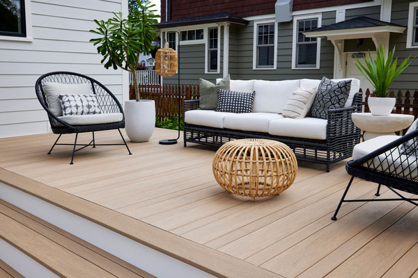 Scandi-inspired deck with Weathered Teak decking installed with AZEK Cortex Screws