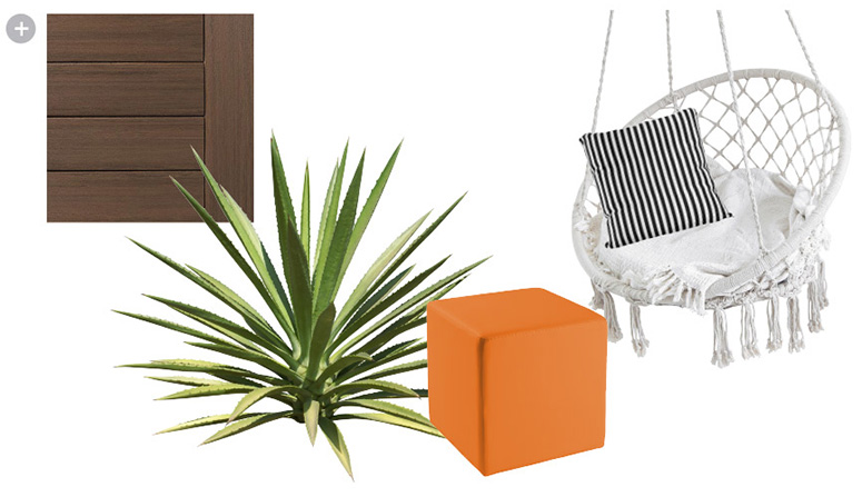 A mood board features styling elements for a relaxing backyard beach getaway