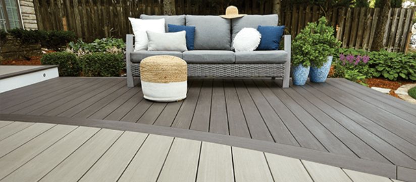 A contemporary deck built with two colors of TimberTech AZEK boards