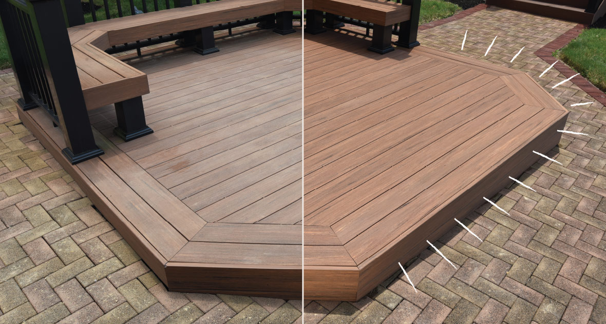 An image shows the before and after pictures after cleaning a composite deck. 
