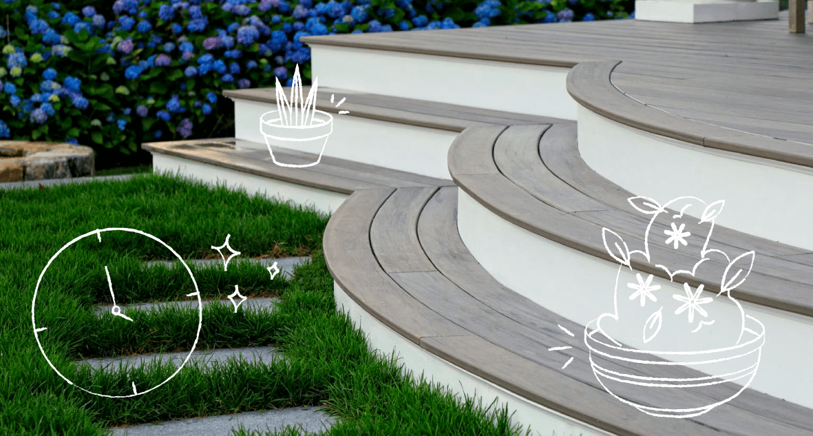 Deck steps with fresh landscaping and illustrated plants on the deck steps with a timer indicating 48 hour dry time. 