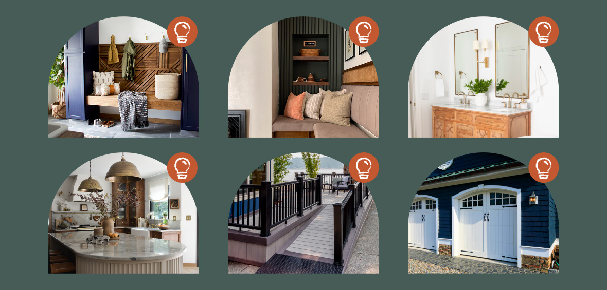 Six photos are arranged in rows to show interior home improvement projects, like bathroom upgrades and new kitchen countertops.