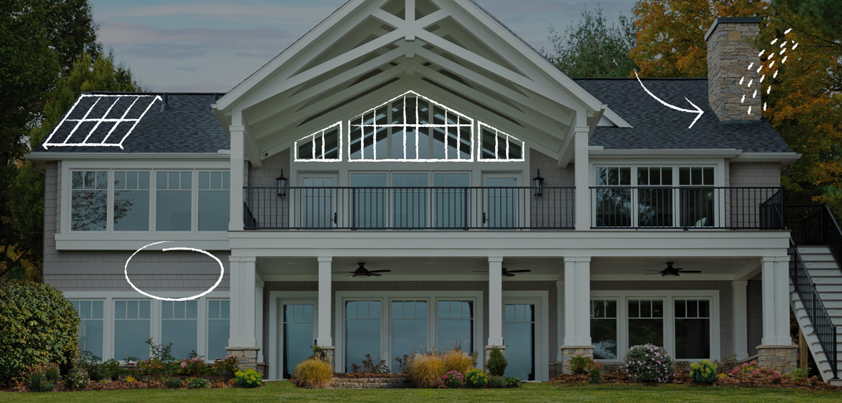 A two-story home photo includes light illustrations to highlight solar panels, upgraded windows, and other home improvement ideas.