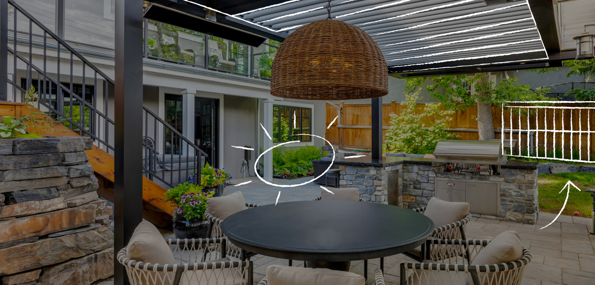 A photo of a back patio and furniture includes light illustrations to highlight the property's landscaping and additions like a new fence. 