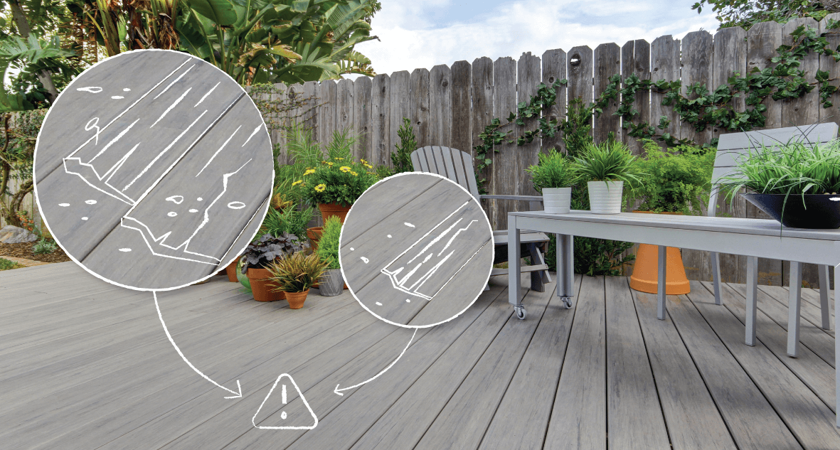 Gray deck with furniture and plants on it along with illustrations of deck damage and a caution sign.