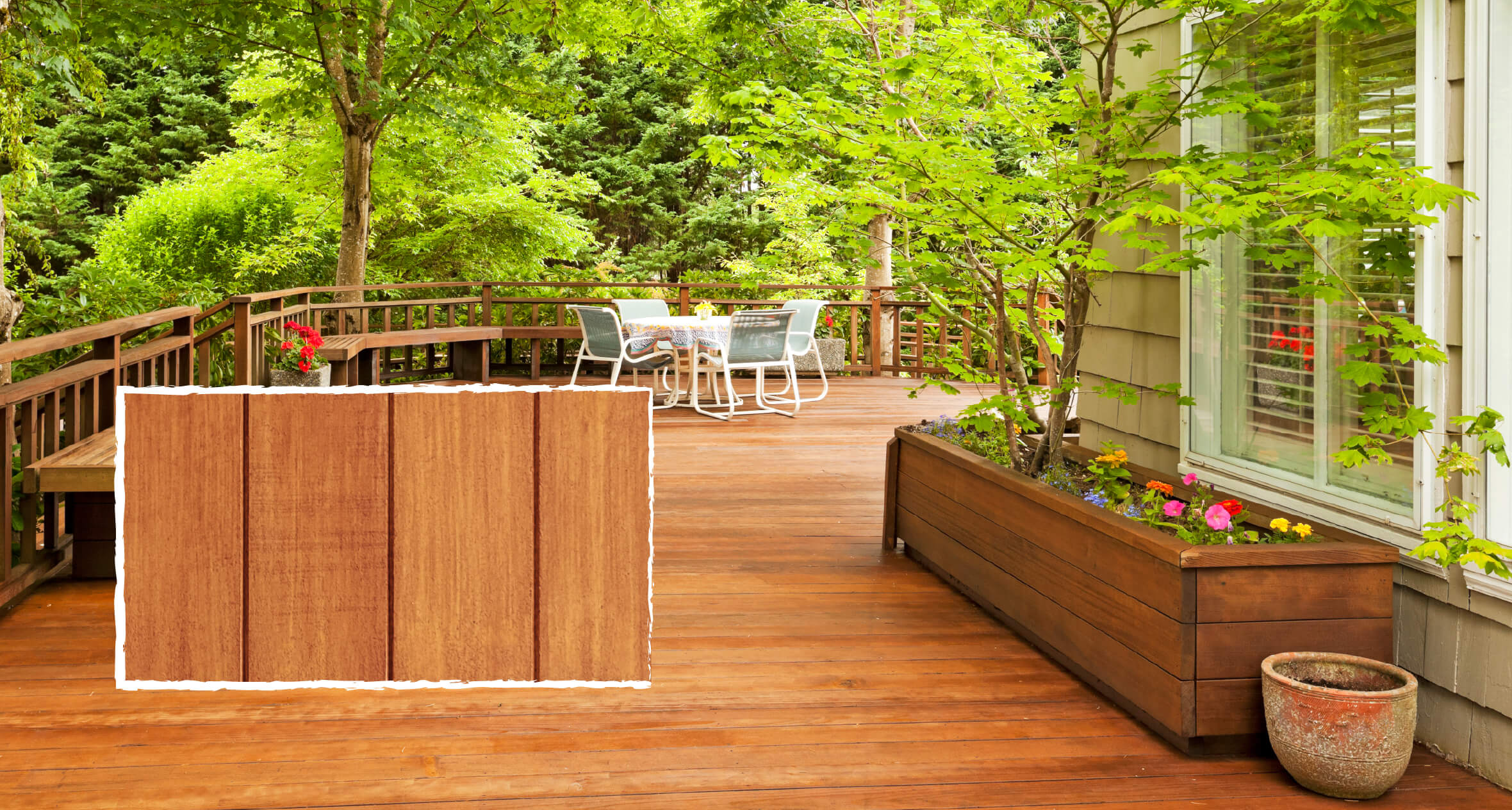 An example of a pressure-treated wood deck with a planter box and deck furniture in the background. 