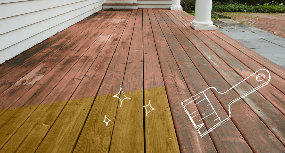 Close-up of a wood deck with an illustration of a paint brush applying sealer to one section.