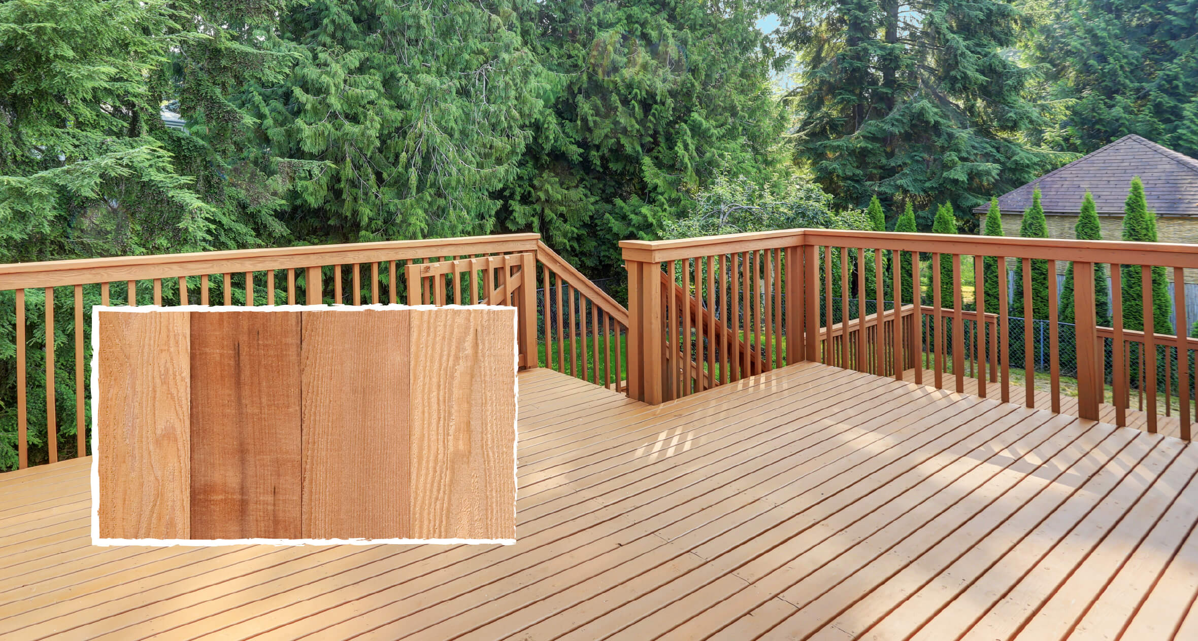 An example of a traditional wood deck with a close up of the wood decking boards. 