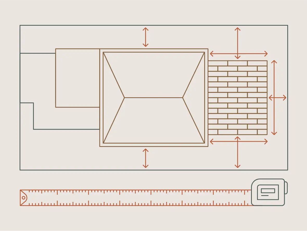 An illustrated site plan shows a property from overhead with a home, driveway, and deck, and measurements between structures and property lines. 