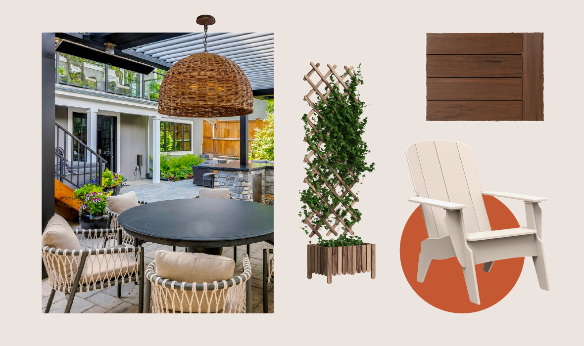 A collage-style moodboard shows a dining set under a pergola with a garden trellis, lounge chair, and statement light featured as inspiration.