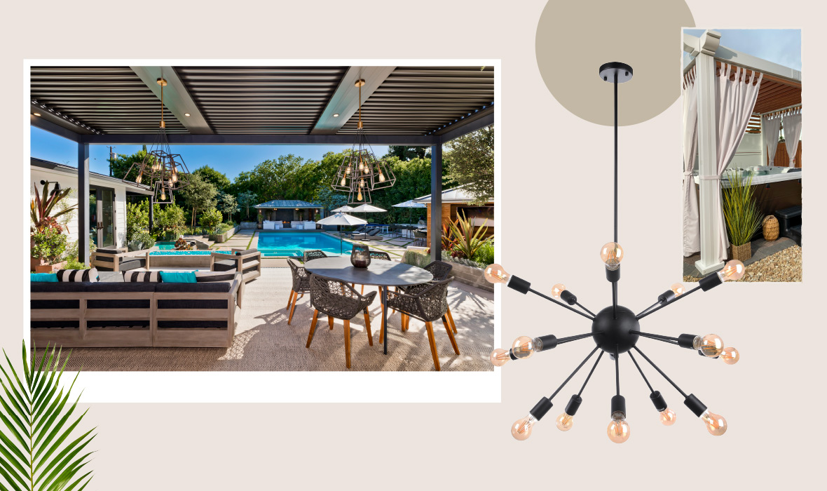 A pergola covers a seating area with a modern light fixture, pergola curtains, and illustrated water fountain shown to personalize the space.