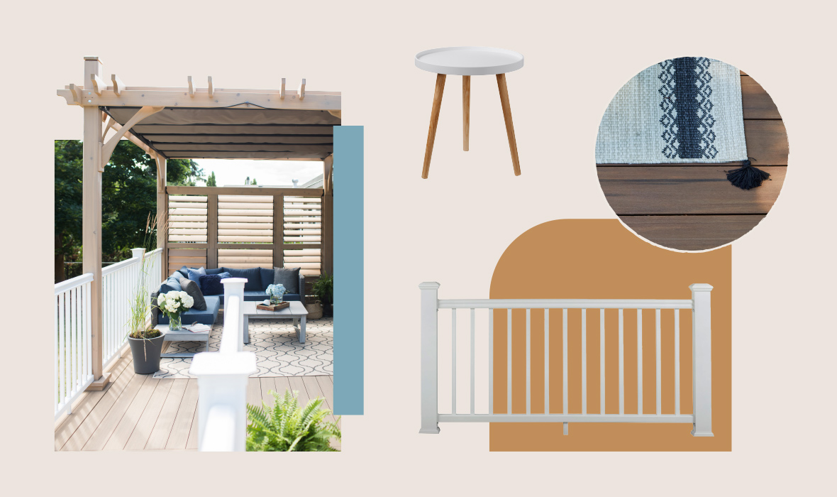 This moodboard leans into the classics with white railing, a color palette featuring neutral and blue hues, and a cozy outdoor living area.