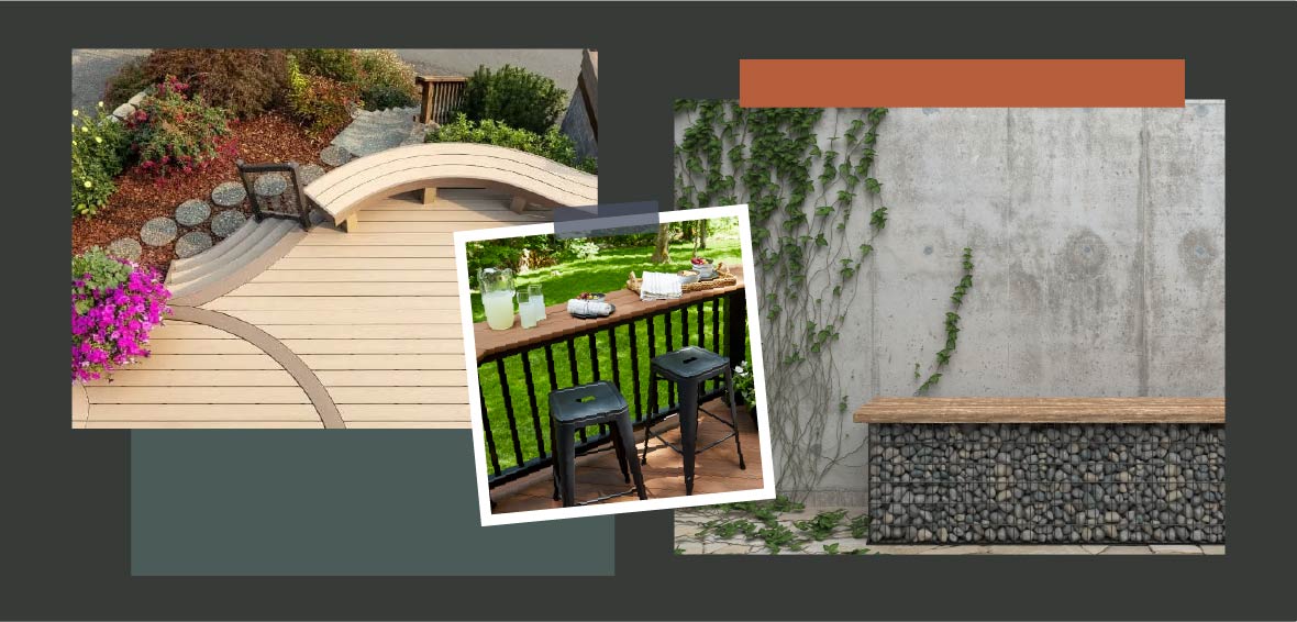 Three photos show built-in bench styles along the perimeter of a deck that act as railing.