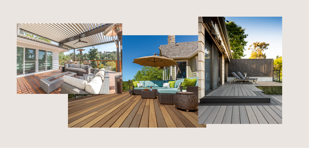 A moodboard shows a raised deck, shade umbrella, and privacy wall separating outdoor living from distractions. 