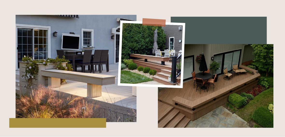 Three photos show built-in bench styles along the perimeter of a deck that act as railing.