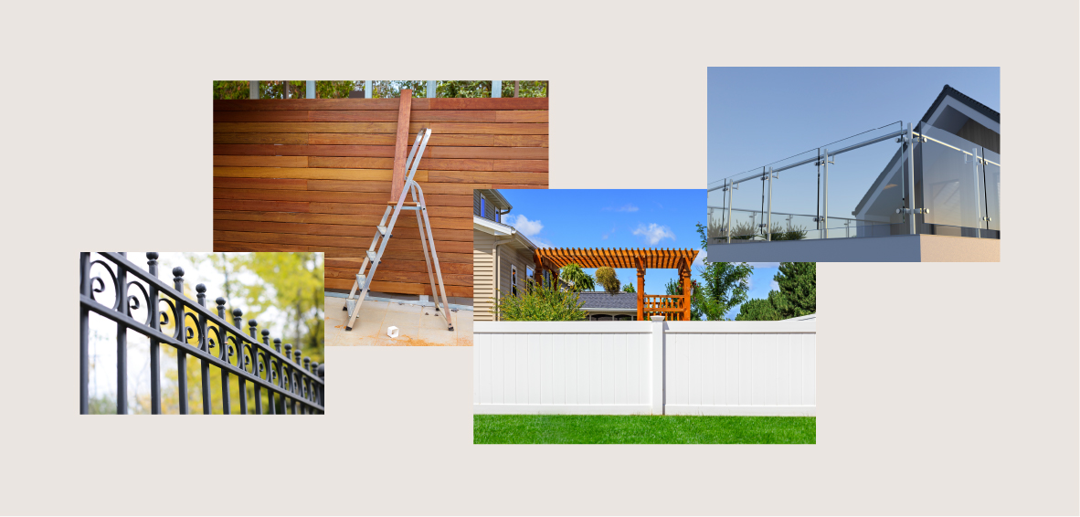 A mood board of fence and railing options showcases aluminum, wood, glass, and PVC fence options for added privacy. 