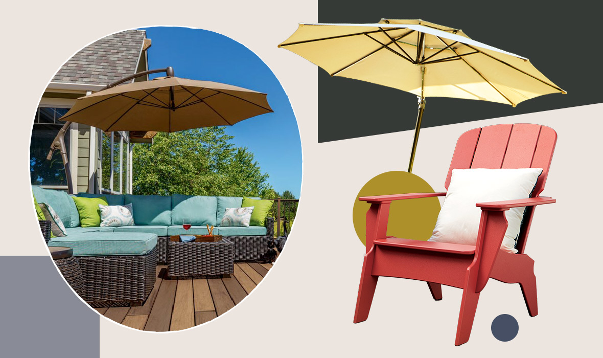 A collage-style moodboard shows an outdoor couch under an umbrella with patio chairs and different umbrellas featured as inspiration.