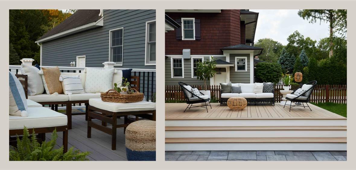 Two photos show separate deck furniture arrangement ideas with contrasting colors, seating options, and tables.