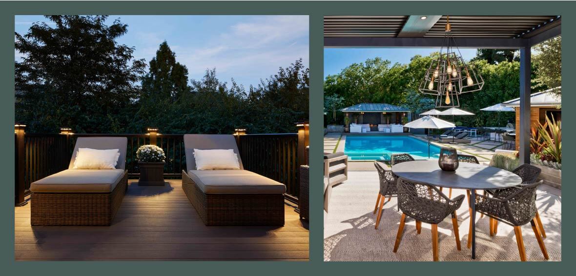 A collage shows lounge chairs at dusk with rail lights glowing, and a poolside dining set in the day with a hanging light fixture above. 