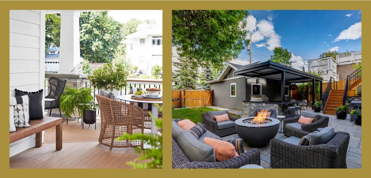 Photos show outdoor dining sets and seating around a fire pit with adjacent kitchen and living areas.