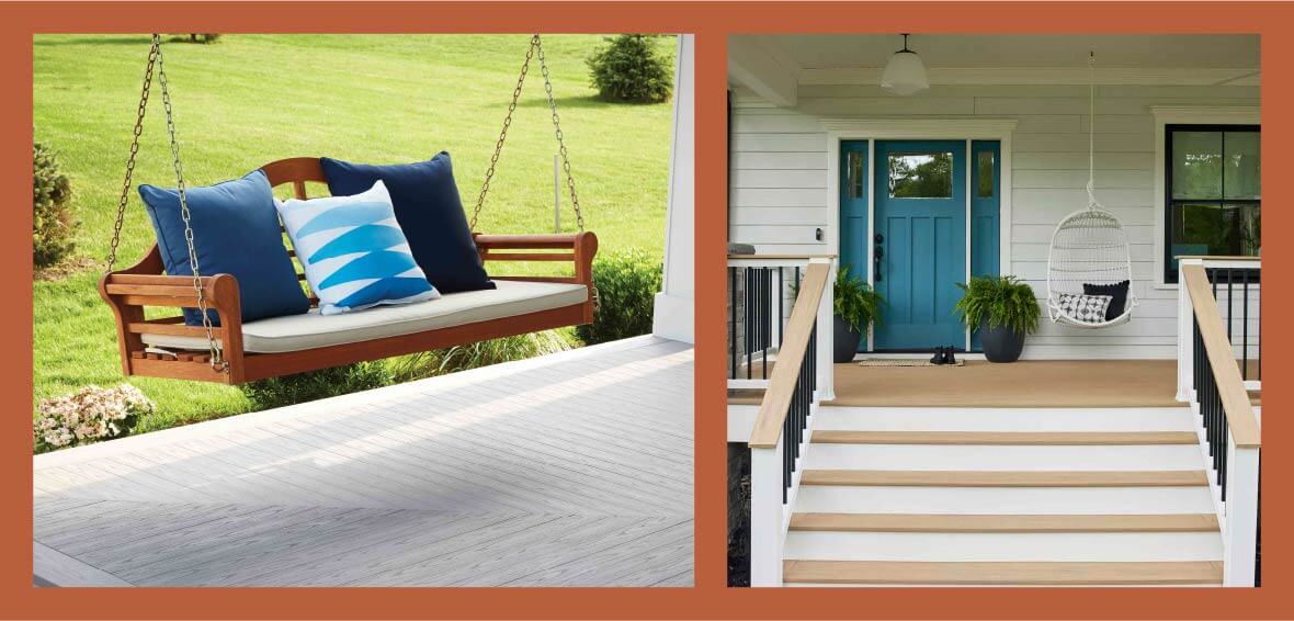 Two photos show different types of deck swings, including a bench swing with throw pillows and a hanging oval chair on a porch.