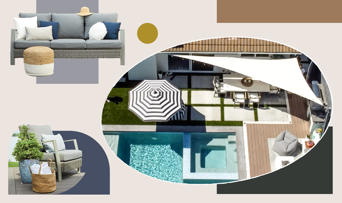 A collage-style moodboard features an image of a poolside deck shaded by a sun shade sail and furniture to help inspire patio shade ideas.