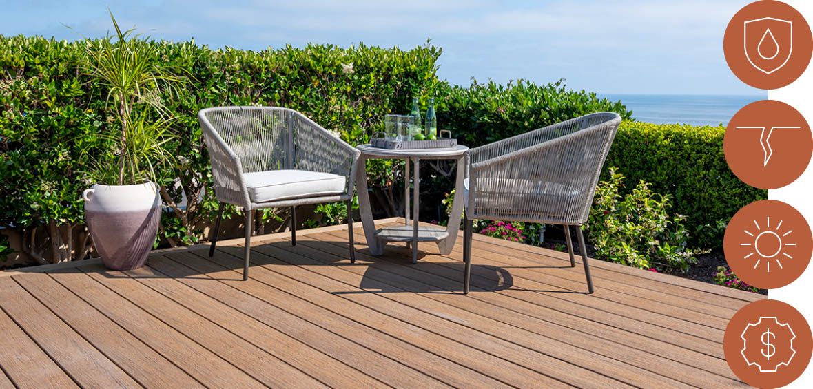 A photo of a small dining set on a deck includes illustrated icons of composite decking benefits like water and fade resistance. 