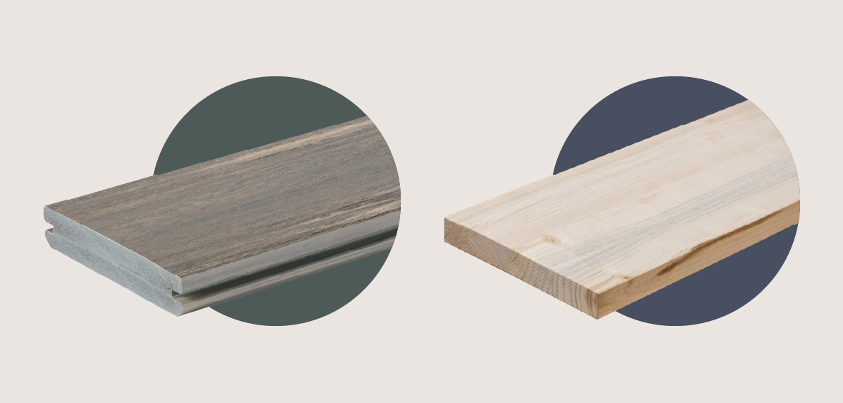 A comparison image shows a composite decking board on the left with natural lumber on the right. 