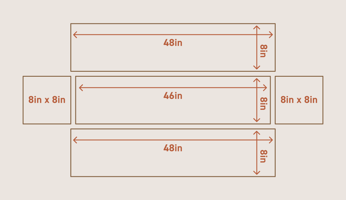 Three boards and two squares are illustrated in the shape of a deconstructed railing planter with suggested measurements. 