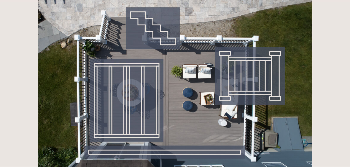 A birds-eye view of a deck highlights features like railing, stairs, and substructure that have important code regulations.