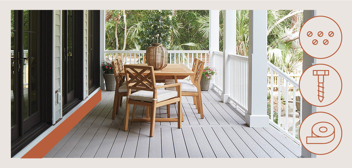 A deck with a dining table shows an orange highlight where the ledger board would be installed and three illustrated icons for installation best practices.