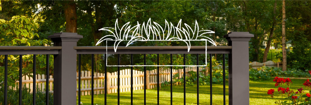 A planter box example is sketched on a deck railing photo with a full yard and landscaping in the background.