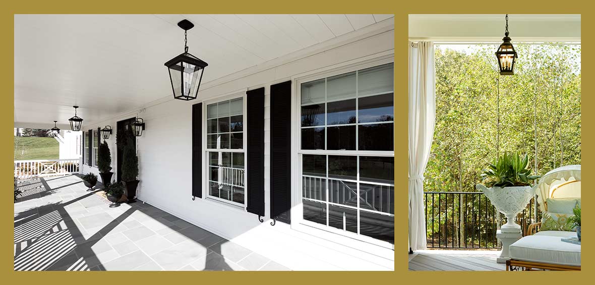 Two photos display a black lantern hanging from a patio roof while one is lit and the other is off. 