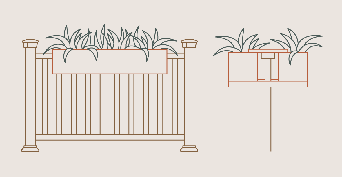 The complete planter is shown from a front view on railing and a side view that shows how the braces connect the two boxes. 