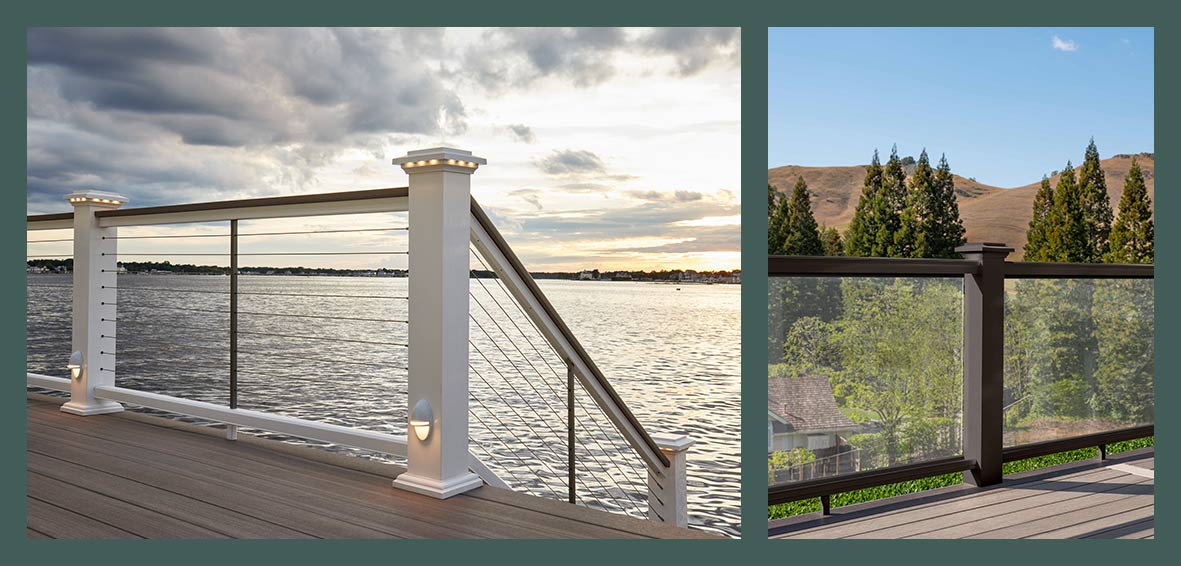 Side-by-side photos showcase railing materials and styles, including cable and glass infills, top rail variations, and lighting options. 