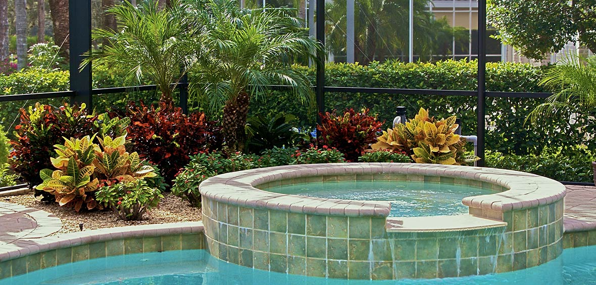 A poolside hot tub is surrounded by shrubs, palms, and other plants for added privacy. 