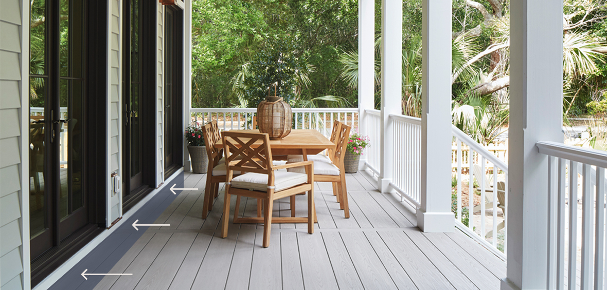 A photo of an attached deck includes a gray highlight and arrows to show where a ledger board connects the home’s foundation and deck. 